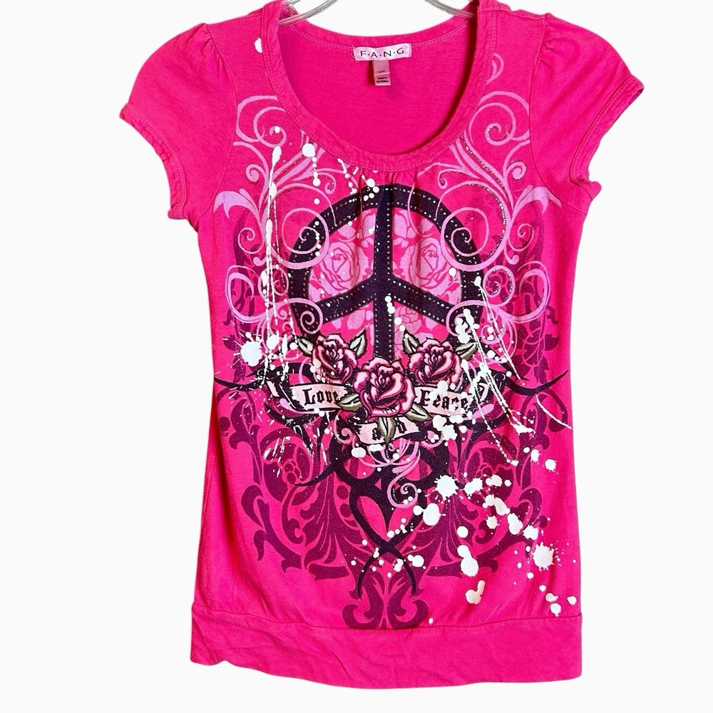Y2K F.A.N.G Love & Peace Babydoll T Shirt Size L Rhinestones Roses Vintage